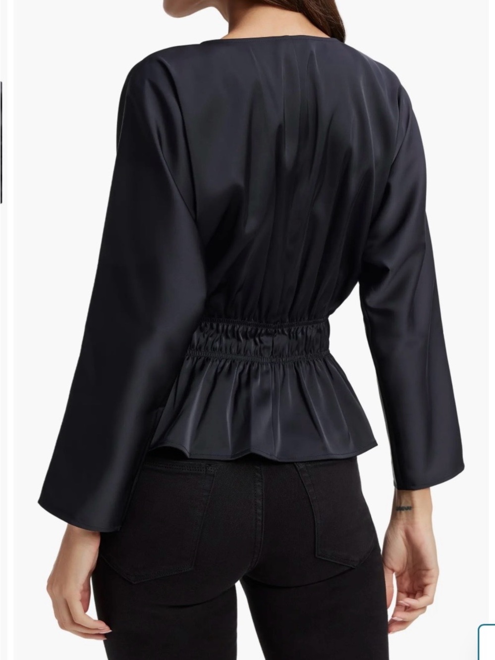 NWT! Good American Black Deep-V Neck- SZ 1=Small- Dolman Sleeve Satin Top Blouse - Picture 2 of 13